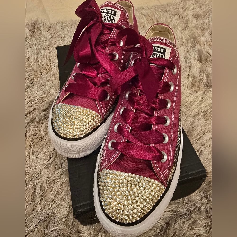 Converse Women's Maroon and Silver Studded Sneakers